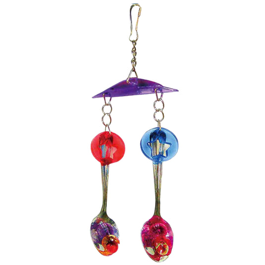 Shiny Spoons – Interactive bird toy with reflective metal spoons, designed to entertain medium to large birds through sound and movement.