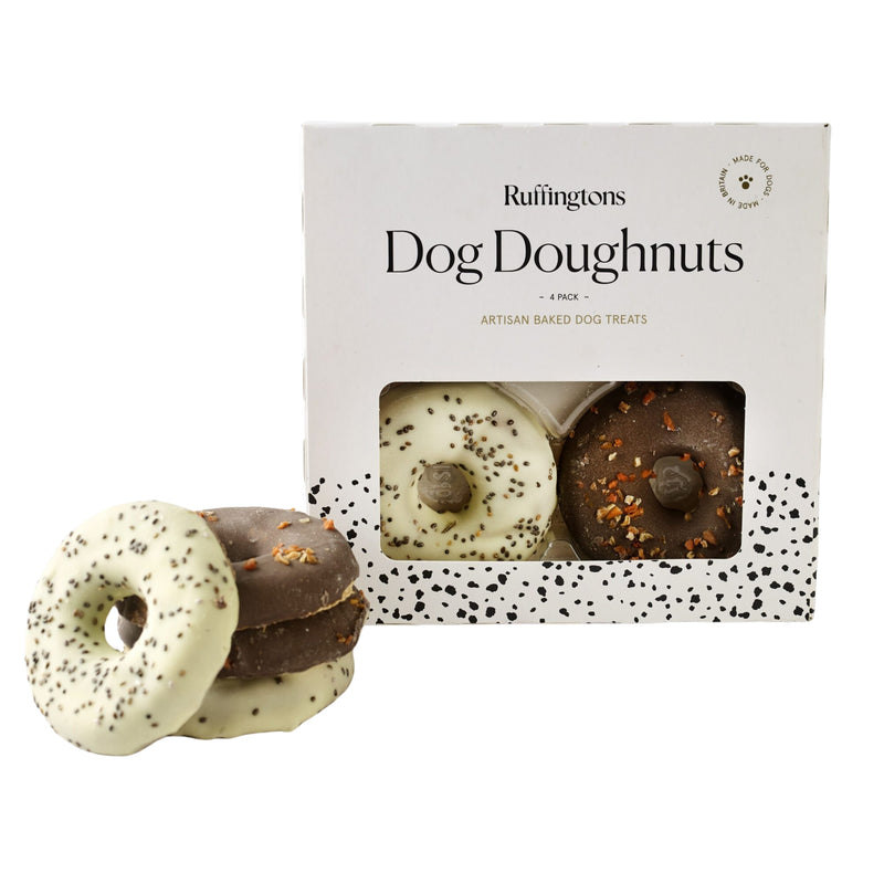 Load image into Gallery viewer, Ruffingtons Dog Doughnuts – gourmet yoghurt- or carob-coated dog doughnut treats with chia or carrot toppings