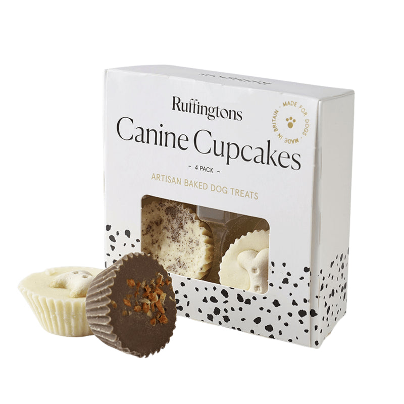 Load image into Gallery viewer, Ruffingtons Canine Cupcakes 4‑pack dog treats with yoghurt frosting, bone topper, carrot & cranberry sprinkles