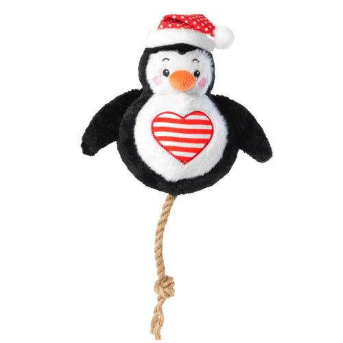 House of Paws Penguin Snowball dog toy, snowball-shaped with rope and penguin design