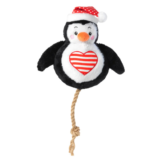House of Paws Penguin Snowball dog toy, snowball-shaped with rope and penguin design