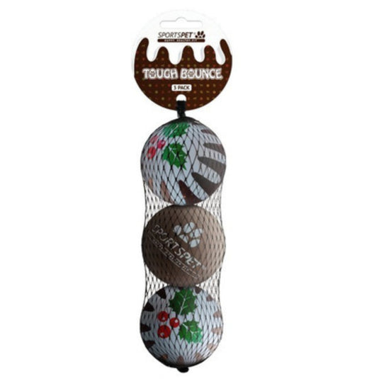 Sportspet Xmas Pudding Design Tough Bounce Dog Play Balls 3pk