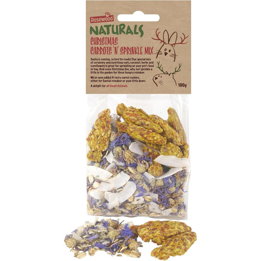 Rosewood Naturals Christmas Carrots ‘N’ Sprinkle Mix for Small Animals – 100% Natural Treat Mix with 9 Carrot Cookies, Food Topper and Treat for Rabbits, Guinea Pigs, Hamsters, Gerbils, Mice