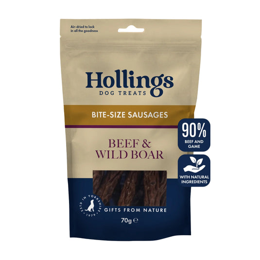 Hollings Beef and Wild Boar Bite-Sized Sausages dog treats 70g