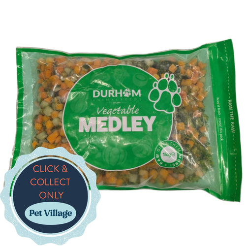 Durham Vegetable Medley 1kg – Premium frozen vegetable mix for dogs, nutritious blend of carrots, peas, and leafy greens, ideal for a balanced raw or home-cooked diet.