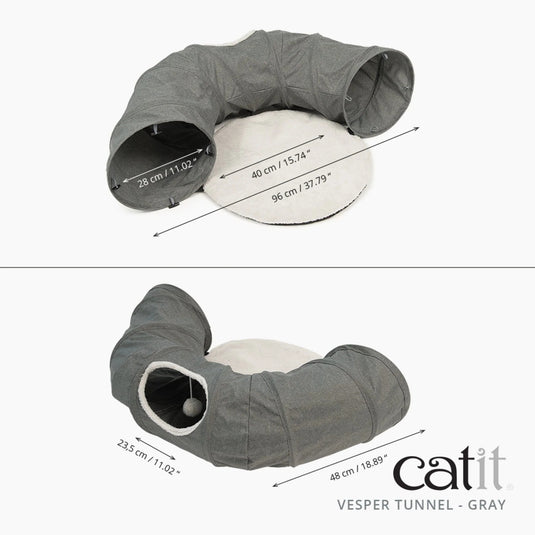 Catit Vesper Fabric Tunnel with Cushion – Grey, Snag‑Resistant Cat Play Tunnel