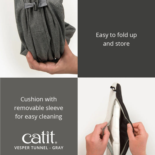 Catit Vesper Fabric Tunnel with Cushion – Grey, Snag‑Resistant Cat Play Tunnel