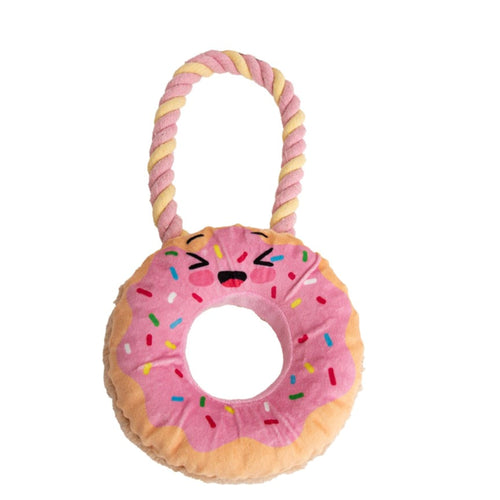 Great & Small Doggy Diner Pink Donut with Rope dog toy for chewing and tug play