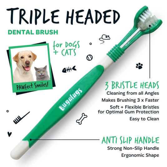Bugalugs Triple Headed Dental Care Toothbrushes – Pack of 2 for Dogs & Cats
