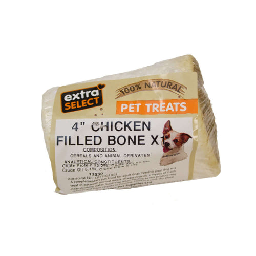 Extra Select Chicken Filled Bones dog treat with natural beef bone and chicken filling