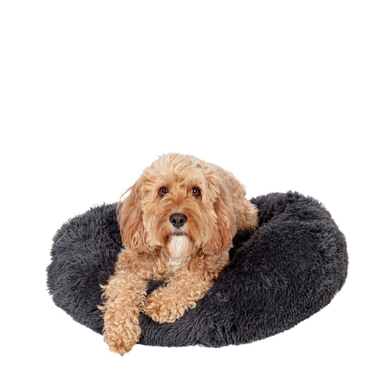Danish Design Essentials Fluffy Donut Charcoal Dog Bed – Calming Plush Nest Bed