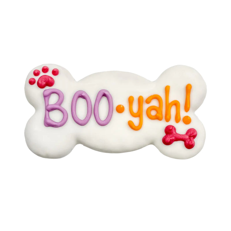 Load image into Gallery viewer, Bosco and Roxy’s Boo-Yah! Bone Halloween dog biscuit, hand-decorated and bone-shaped
