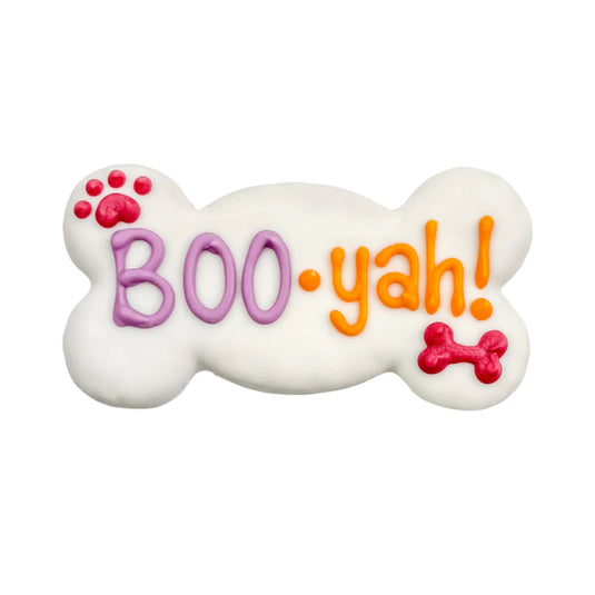 Bosco and Roxy’s Boo-Yah! Bone Halloween dog biscuit, hand-decorated and bone-shaped