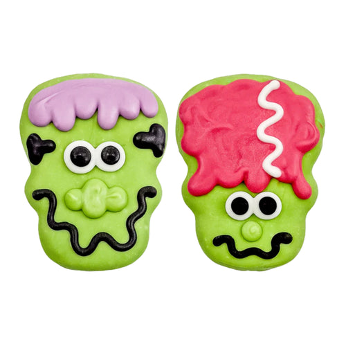 Bosco and Roxy’s assorted Mr & Mrs Frank N. Stein Halloween dog biscuits shaped like Frankenstein and Bride of Frankenstein