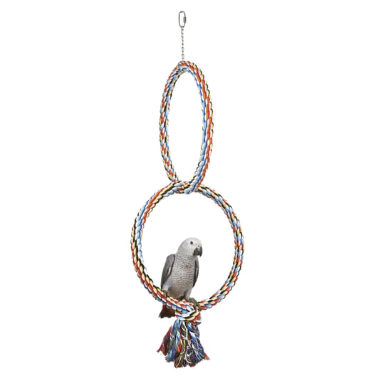Coloured double rope ring bird toy hanging in cage for parrot enrichment and play