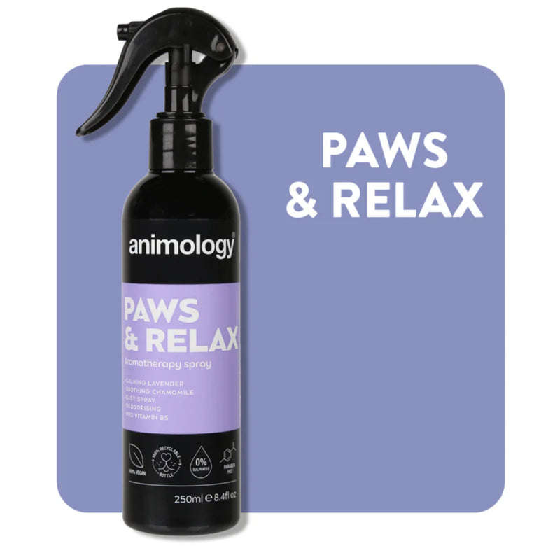 Load image into Gallery viewer, Animology Paws &amp; Relax 250ml aromatherapy spray for dogs — calming lavender &amp; chamomile leave-in coat conditioner
