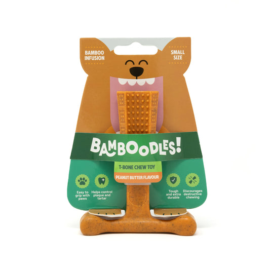 Bamboodles Peanut Butter T-Bone Bamboo + Nylon Durable Easy-Grip Dog Chew