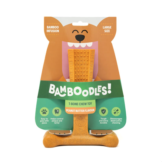 Bamboodles Peanut Butter T-Bone Bamboo + Nylon Durable Easy-Grip Dog Chew