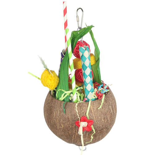 Beach Bum Colada tropical bird toy for parrots with chewable and shreddable materials