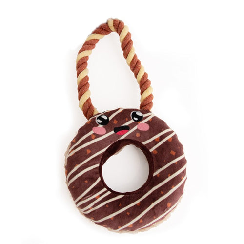 Great & Small Doggy Diner Chocolate Donut durable dog toy with rope for tug and chew