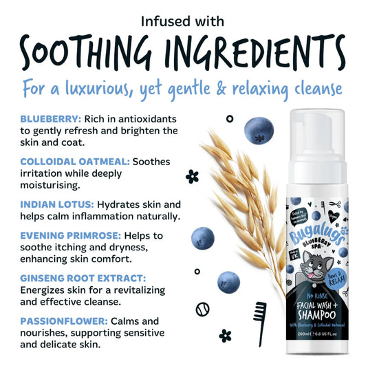 Bugalugs No Rinse Facial Wash & Shampoo For Cats with Blueberry  & Colloidal Oatmeal 200ml