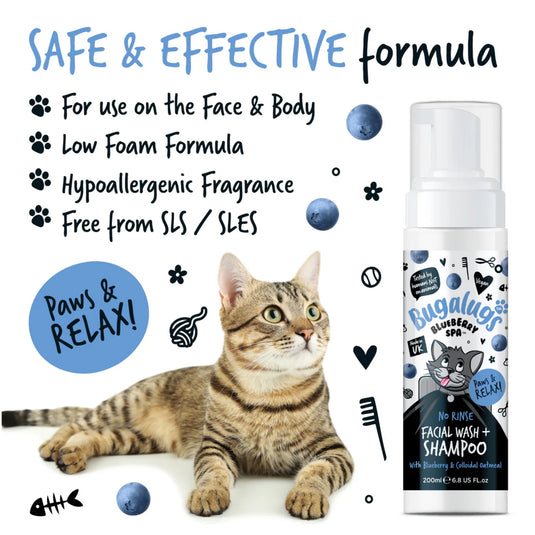 Bugalugs No Rinse Facial Wash & Shampoo For Cats with Blueberry  & Colloidal Oatmeal 200ml