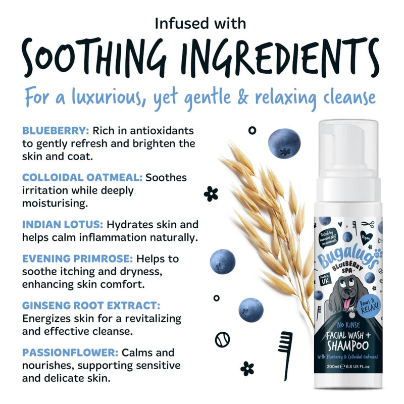 Load image into Gallery viewer, Bugalugs No Rinse Facial Wash &amp; Shampoo for Dogs – Blueberry &amp; Colloidal Oatmeal 200ml
