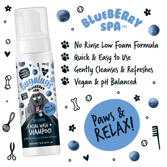 Bugalugs No Rinse Facial Wash & Shampoo for Dogs – Blueberry & Colloidal Oatmeal 200ml
