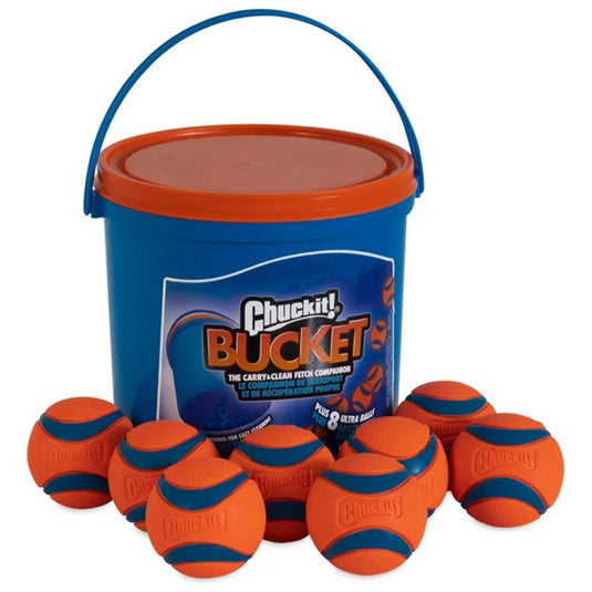 Chuckit! Ultra Ball fetch toy 8 pack with cleaning bucket for dogs