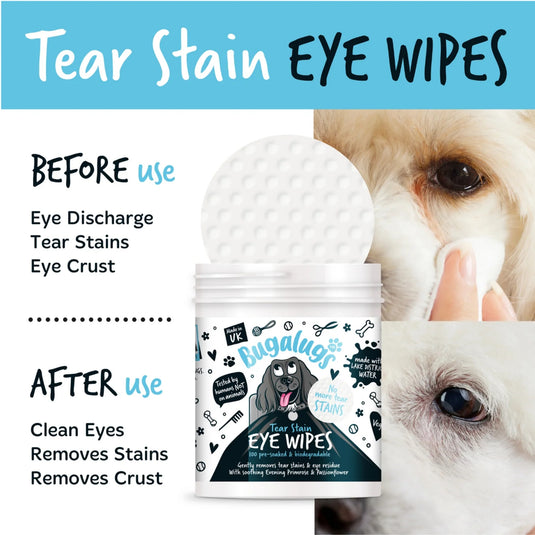 Bugalugs 100 Pre-Soaked Tear Stain Pads – Gentle Eye Cleaning Pads for Dogs