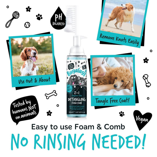 Bugalugs 2 in 1 Detangle & Conditioning Foam Comb Fragrance Free 150ml – Gentle Grooming for Dogs