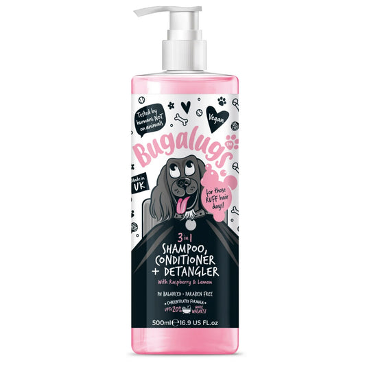 Bugalugs 3 in 1 Detangle Shampoo & Conditioner Raspberry & Lemon 500ml for dogs