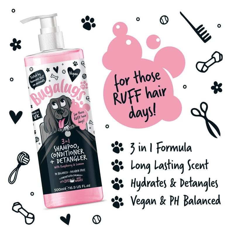 Load image into Gallery viewer, Bugalugs 3 in 1 Detangle Shampoo &amp; Conditioner Raspberry &amp; Lemon 500ml – Gentle Grooming for Dogs
