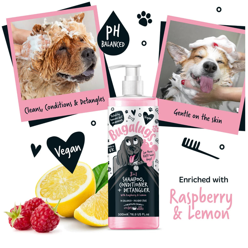 Load image into Gallery viewer, Bugalugs 3 in 1 Detangle Shampoo &amp; Conditioner Raspberry &amp; Lemon 500ml – Gentle Grooming for Dogs
