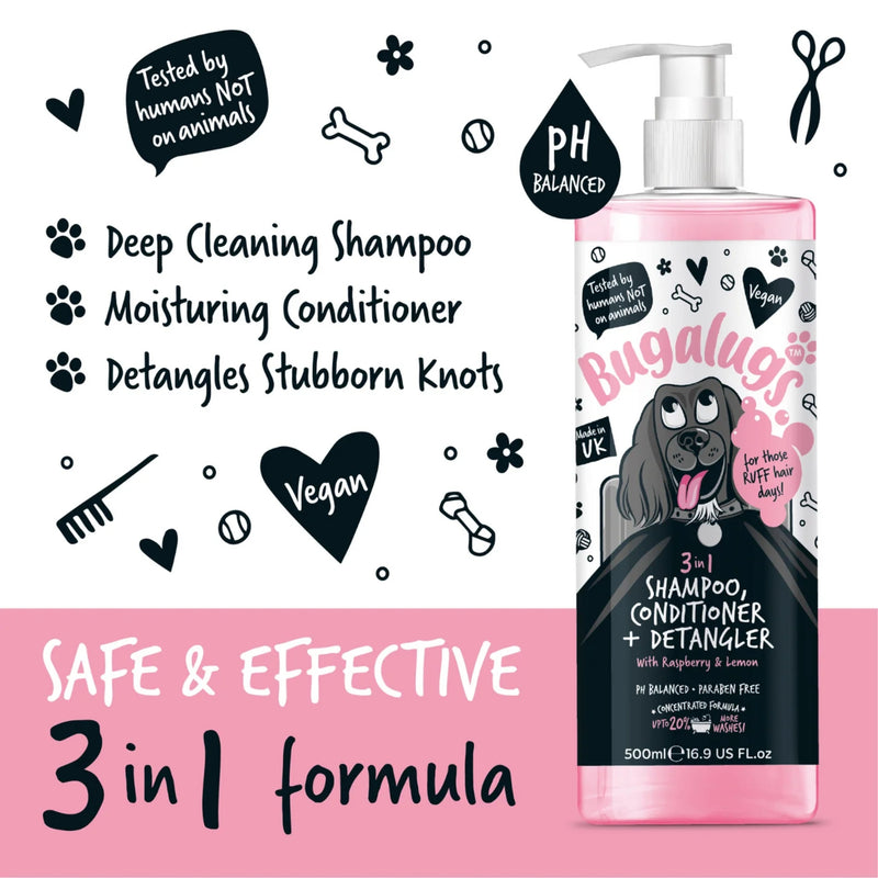 Load image into Gallery viewer, Bugalugs 3 in 1 Detangle Shampoo &amp; Conditioner Raspberry &amp; Lemon 500ml – Gentle Grooming for Dogs
