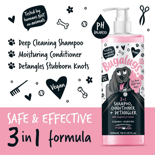 Bugalugs 3 in 1 Detangle Shampoo & Conditioner Raspberry & Lemon 500ml – Gentle Grooming for Dogs