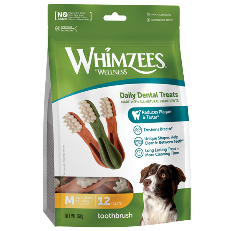 Load image into Gallery viewer, Whimzees Daily Dental Treats Toothbrush Medium 12 pack 360g plant-based dog dental chews
