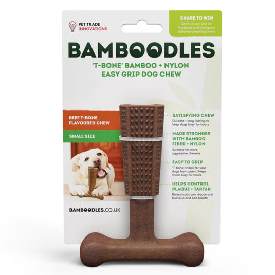Bamboodles 'T-Bone' Bamboo & Nylon Durable Easy-Grip Dog Chew Toy – Strong, Long-Lasting & Supports Dental Health.