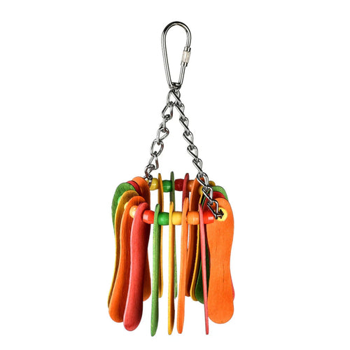 Colourful wooden popsicle hanger bird toy hanging in a cage