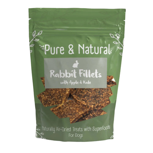 Pure & Natural Rabbit Fillets – high-protein, grain-free dog treats with apple and kale for added nutrition.