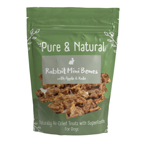 Pure & Natural Rabbit Mini Bones – high-protein, grain-free dog treats with apple and kale for added health benefits.