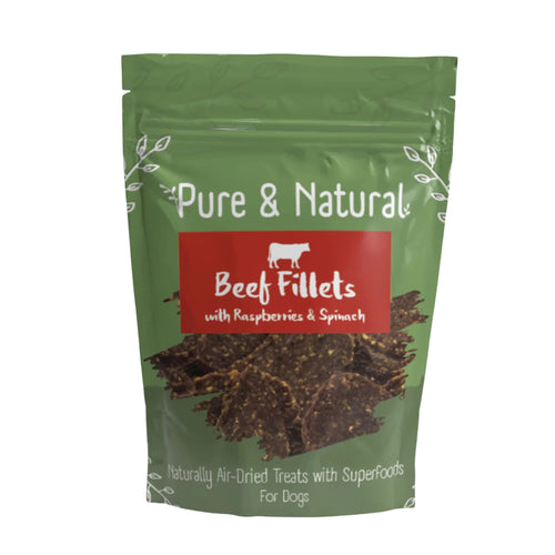Pure & Natural Beef Fillets with Raspberries & Spinach – high-protein, grain-free natural dog treats with antioxidants.