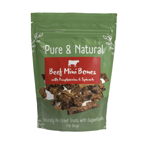 Pure & Natural Beef Mini Bones – grain-free, high-protein dog treats with raspberries and spinach for added nutrition.