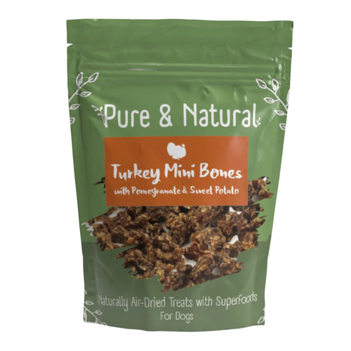 Pure & Natural Turkey Mini Bones – high-protein, grain-free dog treats with pomegranate and sweet potato for added health benefits.