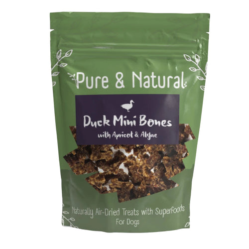 Pure & Natural Duck Mini Bones – grain-free, high-protein dog treats with apricot and algae for added health benefits.