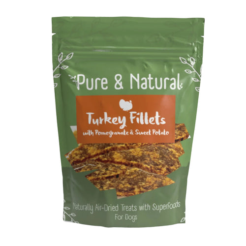 Pure & Natural Turkey Fillets – grain-free, high-protein dog treats with pomegranate and sweet potato for added nutrition.