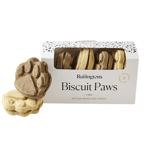 Ruffingtons Biscuit Paws dog treats 4‑pack with yoghurt and carob filling