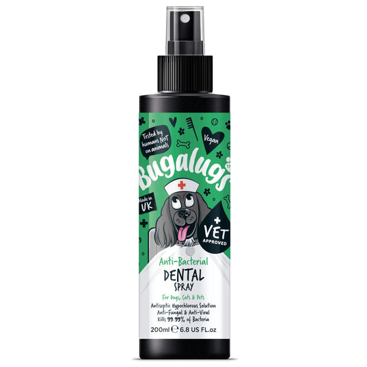 Bugalugs Dog Breath Freshener Dental Care Spray 200 ml bottle with spearmint and green tea formula